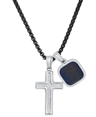 STEELTIME - Men's Silver-Tone Lords Prayer Cross & Square Pendant Necklace, 24"