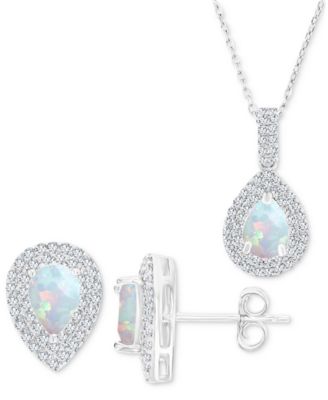 Macy's - 2-Pc. Set Lab-Grown Opal (1-1/20 ct. t.w.) & Lab-Grown White Sapphire (1 ct. t.w.) Teardrop Halo Pendant Necklace & Matching Stud Earrings in Sterling Silver