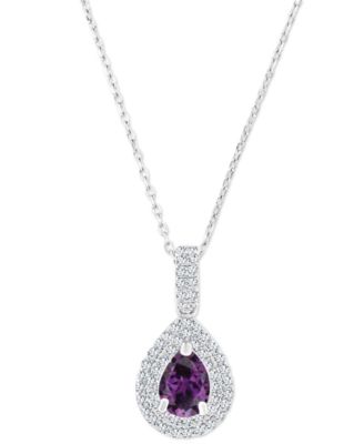 Macy's - Amethyst (5/8 ct. t.w.) & Lab-Grown White Sapphire (1/2 ct. t.w.) Teardrop Halo Birthstone Pendant Necklace in Sterling Silver, 16" + 2" extender (Also in Additional Birthstones)