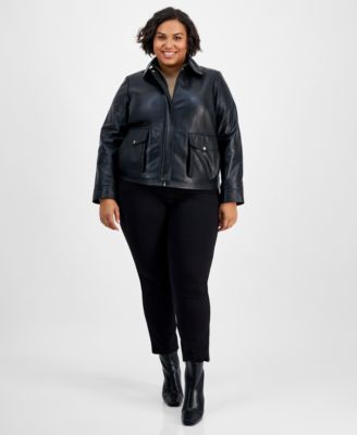 Cole Haan - Plus Size Leather Zip-Front Collared Coat