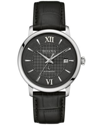 Bulova - Unisex Automatic Hudson Black Leather Strap Watch 39mm