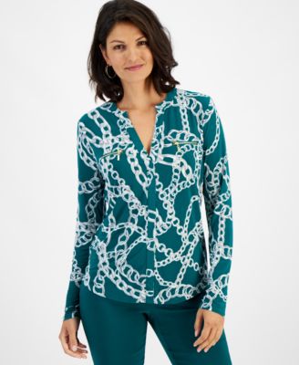 I.N.C. International Concepts - Petite Printed Zip-Pocket Long-Sleeve Top