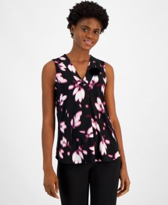 Anne Klein - Women's Pleated-Neck Printed Sleeveless Top