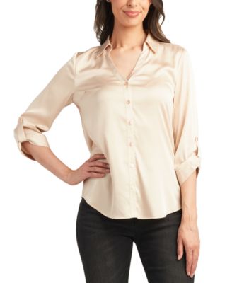 BCX - Juniors' Satin Roll-Tab-Sleeve Button-Down Blouse