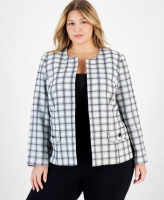 Kasper - Plus Size Tweed Open-Front Collarless Cardigan