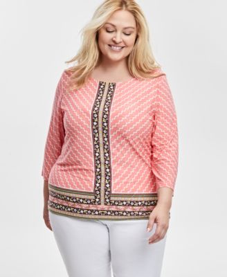 JM Collection - Plus Size Mixed-Print Jacquard 3/4-Sleeve Top