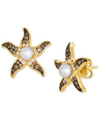 Le Vian - Freshwater Pearl (4-1/2mm) & Chocolate Ombr&eacute; Diamond (3/8 ct. t.w.) Starfish Stud Earrings in 14k Gold