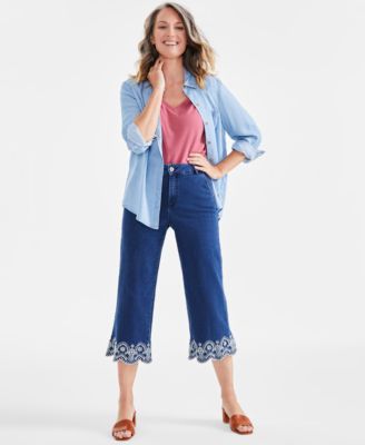 Style & Co - Women's High-Rise Embroidered-Cuffs Crop Jeans