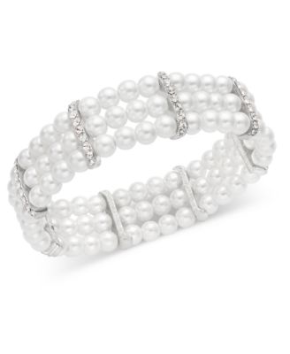 Charter Club - Silver-Tone Pav&eacute; & Imitation Pearl Triple-Row Stretch Bracelet
