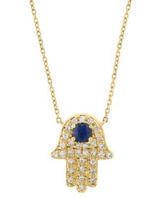 EFFY Collection - Blue Sapphire (1/4 ct. t.w.) & Diamond (1/6 ct. t.w.) Hamsa Hand 18" Pendant Necklace in 14k Yellow Gold