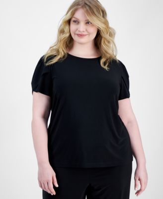 AK Anne Klein - Plus Size Solid Tulip-Sleeve Crewneck Top