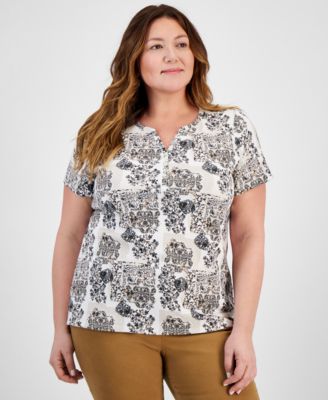 Style & Co - Plus Size Printed Short-Sleeve Henley Top