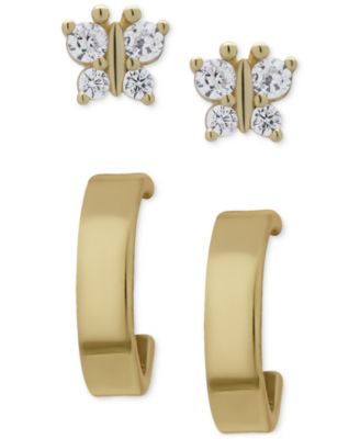 Macy's - 2-Pc. Set Lab Grown White Sapphire Butterfly Stud & Polished Half Hoop Earrings (3/8 ct. t.w.) in 14k Gold-Plated Sterling Silver