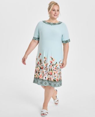 JM Collection - Plus Size Border-Print Short-Sleeve Shift Dress