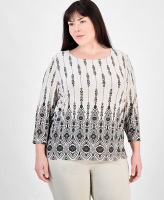 JM Collection - Plus Size Printed Jacquard Scoop-Neck Top