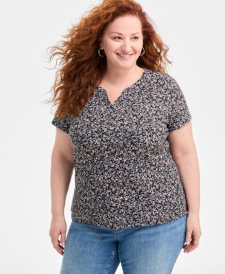 Style & Co - Plus Size Paige Ditsy-Print Henley T-Shirt