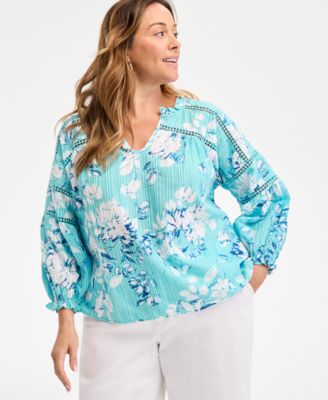 Style & Co - Plus Size Alice Floral-Print Openwork Split-Neck Top