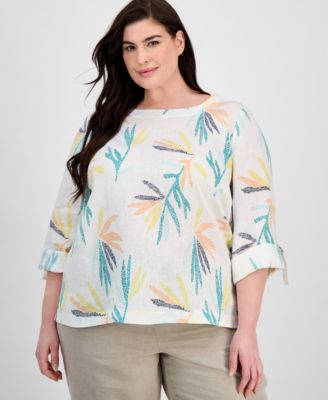 Charter Club - Plus Size Boat-Neck D-Ring-Trim Linen Top