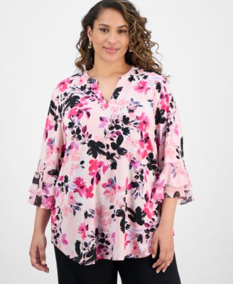 Kasper - Plus Size Printed 3/4-Sleeve Ruffle Blouse