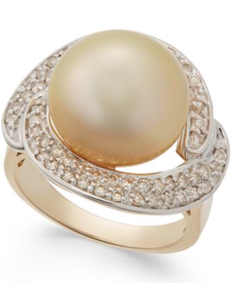 Macy's - Cultured Golden South Sea Pearl (13mm) and Diamond Ring (5/8 ct. t.w.) in 14k Gold