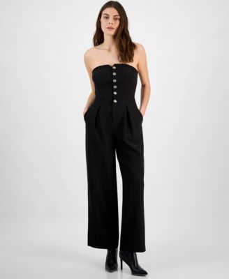 Bar III - Women's Strapless Button-Front Wide-Leg Jumpsuit