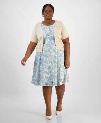 Robbie Bee - Plus Size Pointelle Knit Shrug & Printed A-Line Dress Set