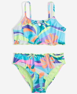 Breaking Waves - Big Girls 2-Pc. Wavy Palm Lettuce-Edge Swimsuit
