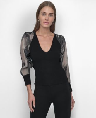DKNY - Women's Printed Organza-Sleeve V-Neck Shirt