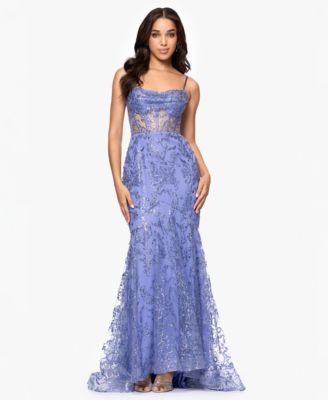 Blondie Nites - Juniors' Glitter-Floral Corset Gown