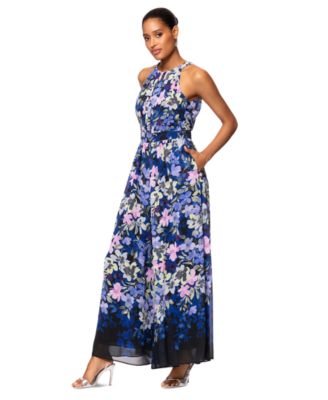 Betsy & Adam - Petite Printed Halter Sleeveless Wide-Leg Jumpsuit