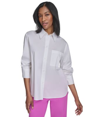 Halston - Women's Cotton Collared Ruched-Sleeve Blouse