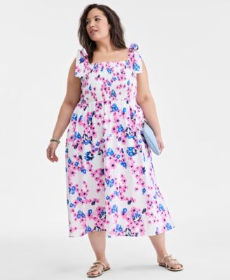 On 34th - Plus Size Printed Tie-Shoulder Midi Sundress