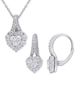 Macy's - 2-Pc. Set Moissanite Heart Halo Pendant Necklace & Matching Leverback Earrings (4 ct. t.w.) in Sterling Silver