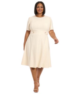 London Times - Plus Size Crewneck Button-Tab Short-Sleeve Midi Dress