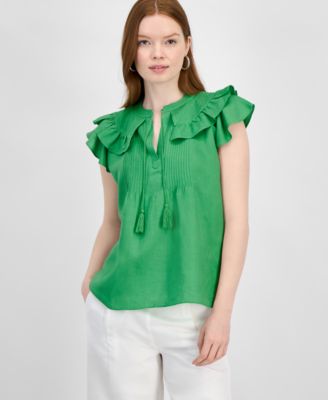 T Tahari - Women's Woven Tasseled-Tie Flutter-Sleeve Blouse