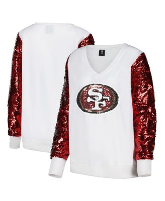 Cuce - Women's White San Francisco 49ers Sequin Sleeve V-Neck Pullover Sweatshirt