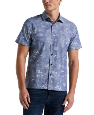 Perry Ellis - Men's Chambray Floral Print Short Sleeve Button-Front Shirt