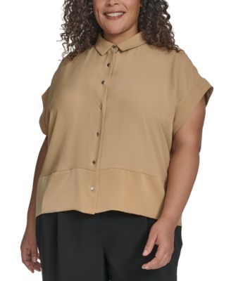 DKNY - Plus Size Reverse-Satin-Trim Cap-Sleeve Blouse