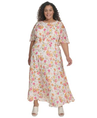 Calvin Klein - Plus Size Floral-Print Flutter-Sleeve Maxi Dress