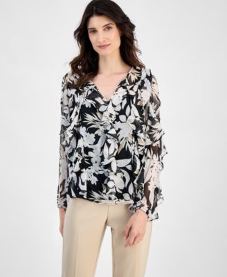Anne Klein - Women's Floral-Print Ruffle-Trim Blouse