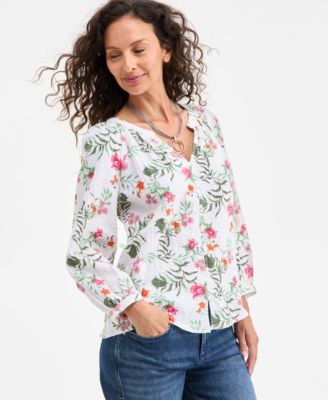 Style & Co - Women's Cotton Floral-Print Split-Neck Blouse