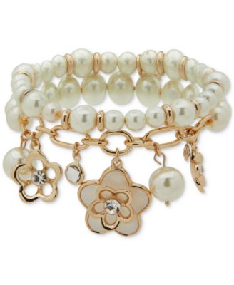 Anne Klein - Gold-Tone Mixed Stone Flower Charm Double-Row Stretch Bracelet