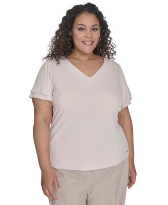 Calvin Klein - Plus Size Solid V-Neck Double-Ruffle Top