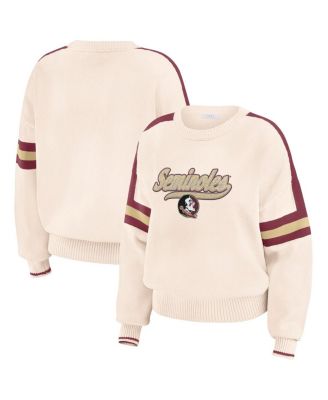 WEAR by Erin Andrews - Women's Cream Florida State Seminoles Chenille Woven Patch Stripe Pullover Sweater