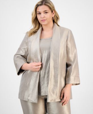 Kasper - Plus Size Drape-Neck Open-Front Cuffed-Sleeve Blazer