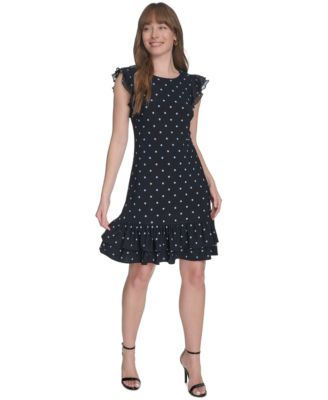 Tommy Hilfiger - Women's Dot-Print Flutter-Sleeve Ruffled-Hem Chiffon Dress