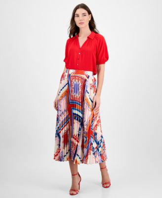 T Tahari - Women's Printed Pleated Pull-On Midi Skirt