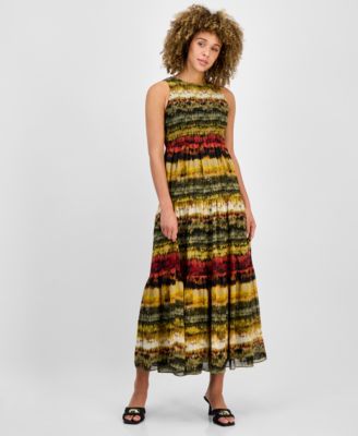 Anne Klein - Women's Printed Smocked Sleeveless Maxi Dress