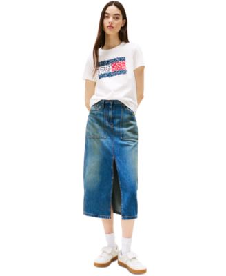Tommy Jeans - Women's Floral-Flag Graphic T-Shirt & Claire Denim Midi Skirt