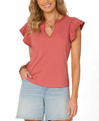 Democracy - Petite Flutter-Sleeve Split-Neck Top